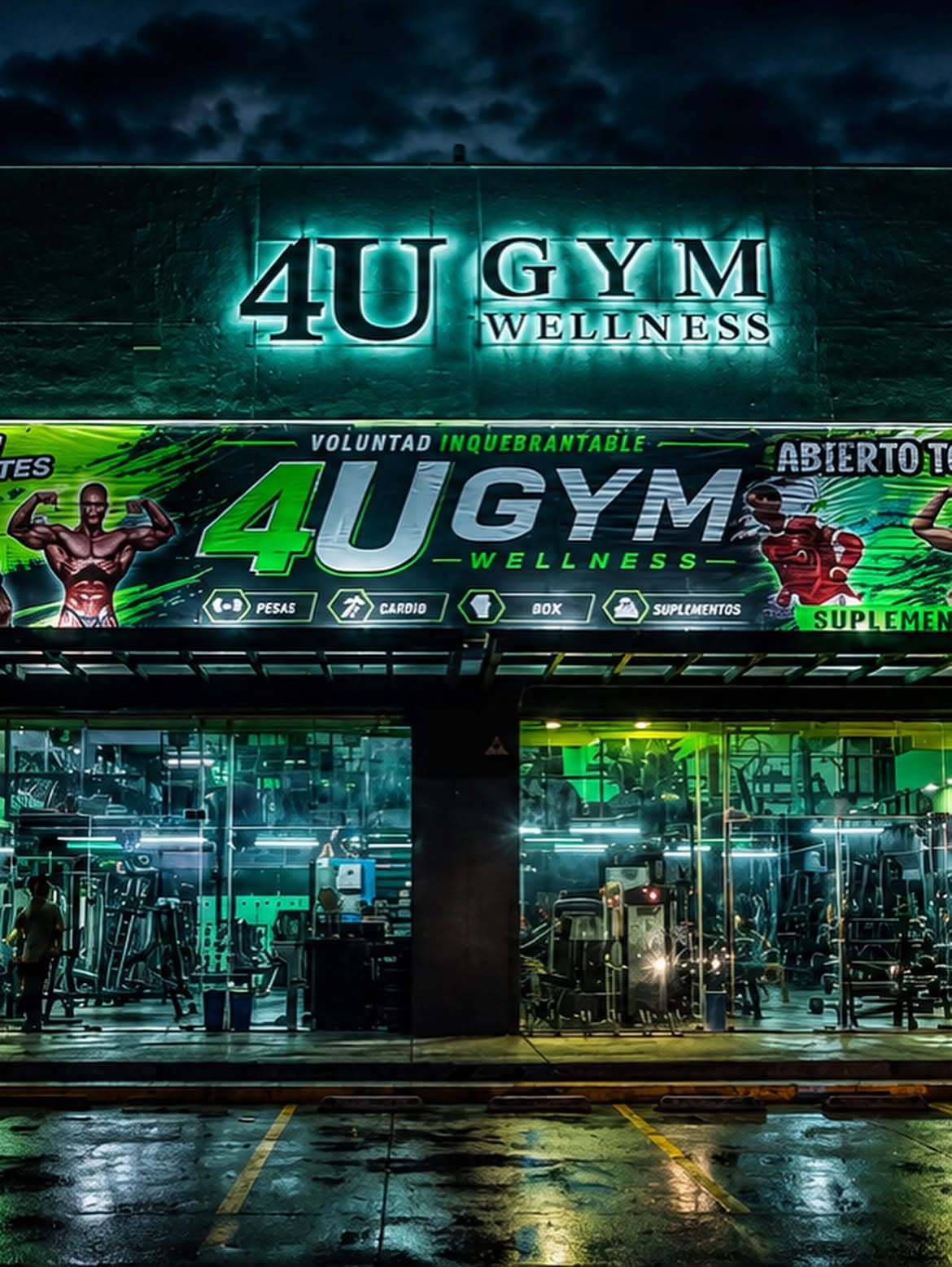 Fachada iluminada de 4U Wellness Gym