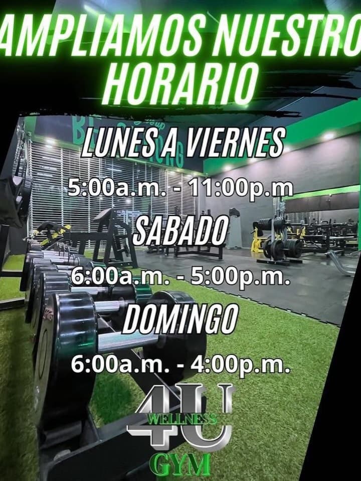 Publicación de 4U Wellness Gym con los horarios de apertura