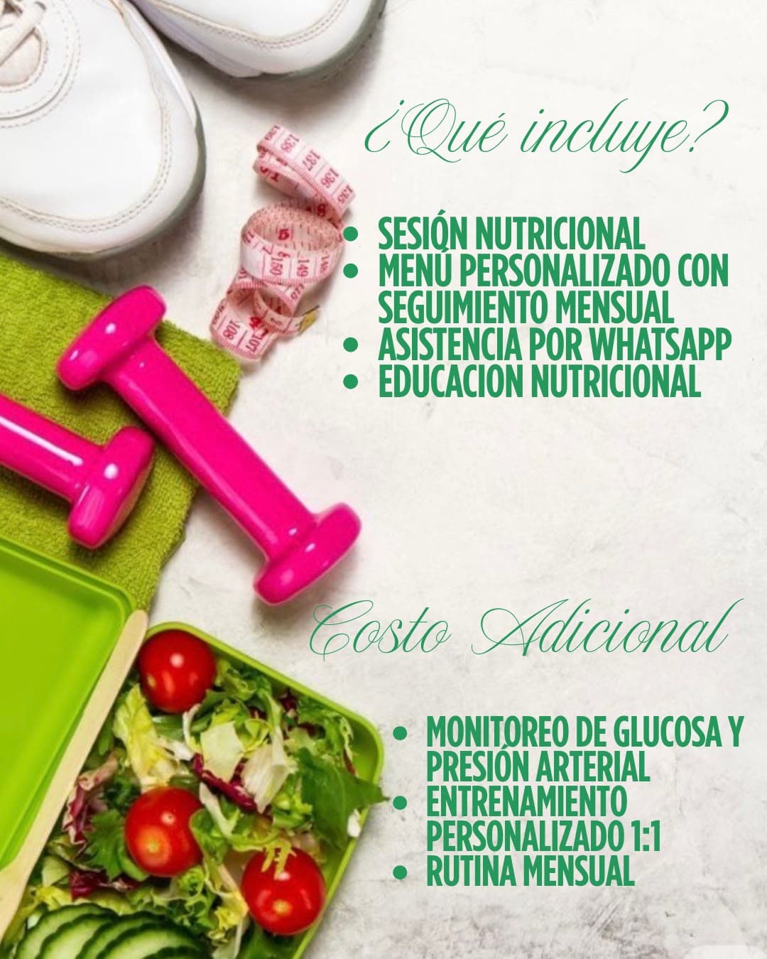 Servicios incluidos en la consulta nutricional y opciones adicionales